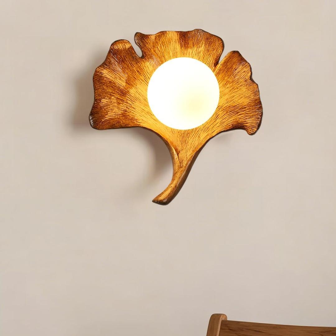 Skyblaze Mid-Century Modern Wall Sconce Ginkgo Leaf Shape Wall Light Textured Resin Base Decorative Hardwired Wall Mounted Lighting for Living Room Corridor in Wood