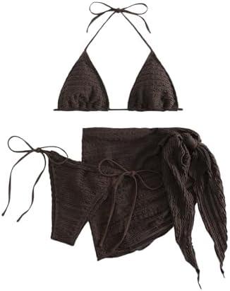 GORGLITTER Women's 3 Piece Swimsuits Halter Triangle String Bikini Set with Beach Skirt Swimwear Set S