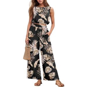 GRECERELLE Two Piece Sets for Women Sleeveless Crop Top Wide Leg Pants Sweat Set for Women Tracksuits 2026 Summer (Small, Black Palm Leaf)