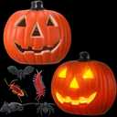 2 Pack Plastic Jack O Lantern Pumpkins Halloween Light up Pumpkin with 2 Pack Plastic Bugs Fake Roach Spider Outdoor Indoor Battery Operated Lighted Halloween Pumpkin Decorations Party Favor Gifts