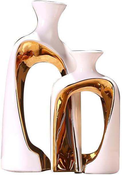 2 Pieces White Gold Ceramic vase Set Home Ceramic Decorative vase furnishings Abstract Decorative vase Office Centerpiece Decoration Suitable for Bookshelves, Fireplace