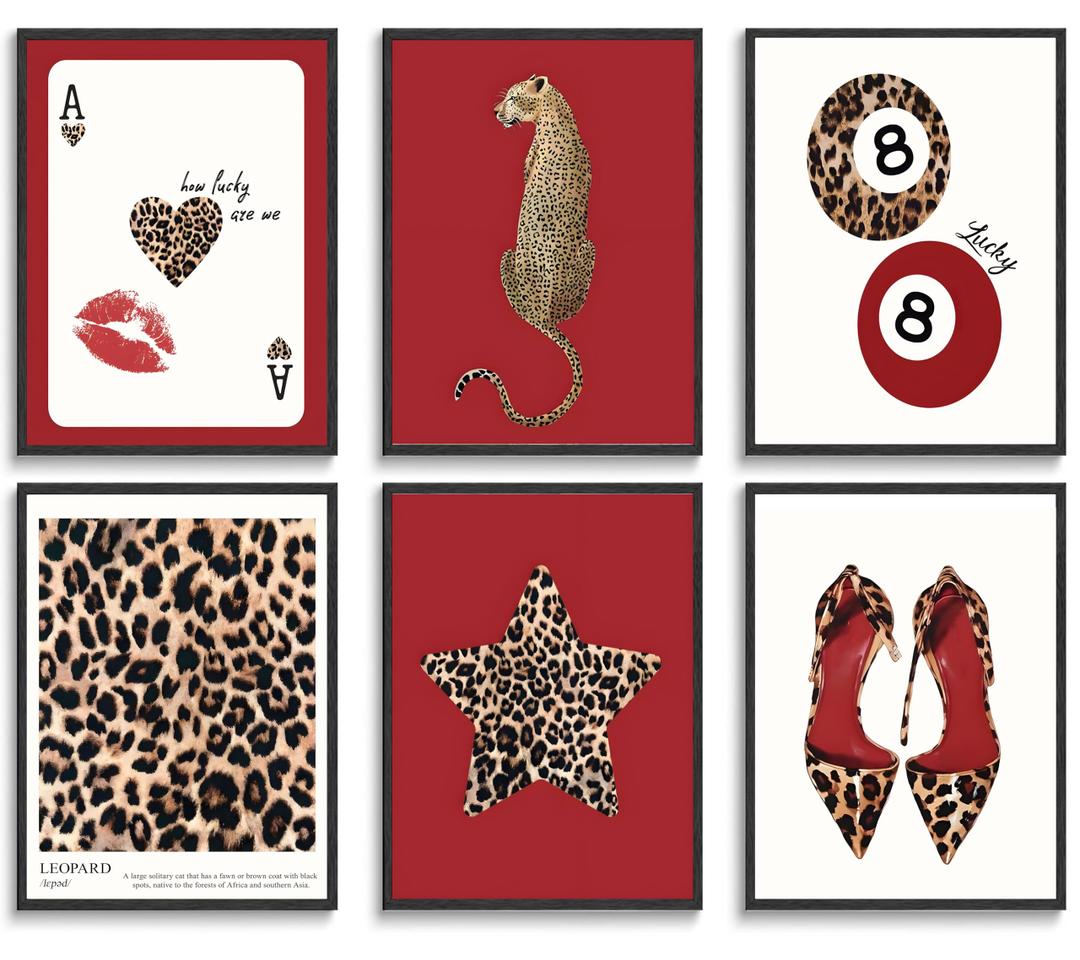 6Pcs Trendy Leopard Wall Art Prints Funky Red Lucky 8 Ball Posters Vintage Preppy Room Aesthetic Cheetah Wall Decor Pictures for Girly Bedroom Apartment Dorm Unframed (16L x 12W)