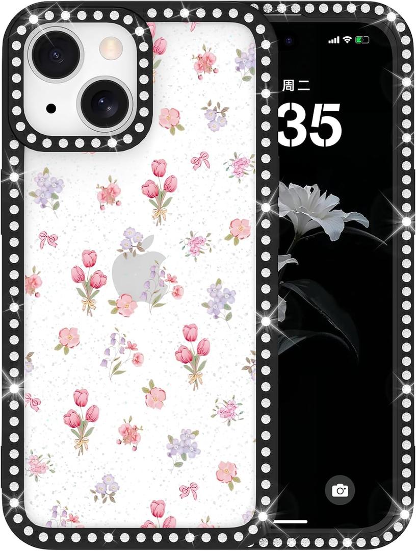 Skyseaco for iPhone 15 Case Glitter, Cute Clear Flower Floral Pattern for Women Girls, Bling Sparkly Double-Sided Rhinestones, Soft Shockproof Protective Cover, Black