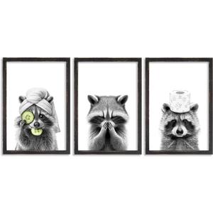 Adorable Raccoon Bathroom Wall Art Decor Set of 3 16x11 Inch Modern Funny Bathroom Sign Wood Framed Rustic Farmhouse Interestring Washroom Animal Prints Wall Hanging (Black)
