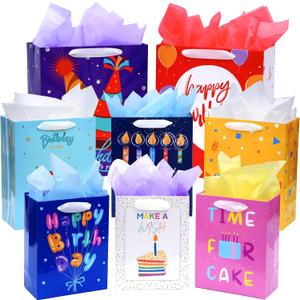 Nihuecne 8 Pack Birthday Gift Bags Assorted Sizes (2 Extra Large 15", 3 Large 13",3 Medium 9") with Ribbon Handle and Tissue Paper, Reusable and Perfect For Wrapping Present