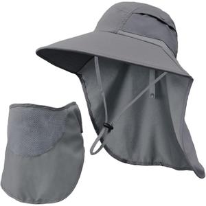 Sun Hats for Men Women Detachable Face Cover Wide Brim Fishing Hats with Neck Flap UPF 50+ Outdoor Safari Hats (Dark Grey)