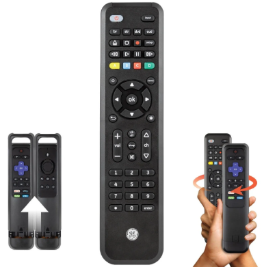 GE 4-Device Universal Companion Remote for Roku and Amazon TV with Flip and Slide Cradle, Black