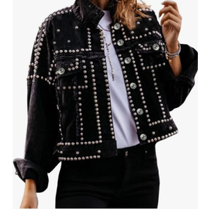 Apafes Women's Long Sleeve Rivet Studded Denim Jacket Casual Pearl Short Jean Coat Concert Nashville Outfits L Apafes Women's Long Sleeve Rivet Studded Denim Jacket Casual Pearl Short Jean Coat Concert Nashville Outfits L