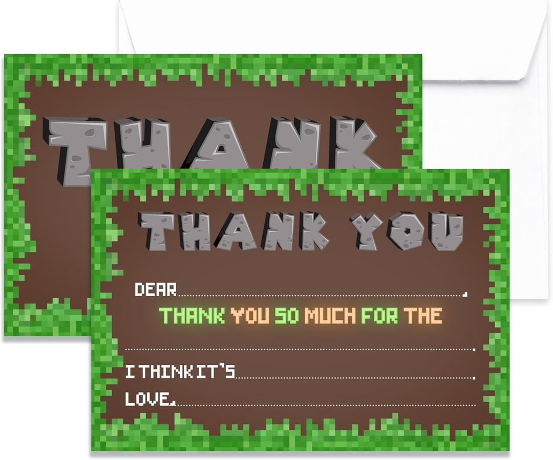 20 Thank You Cards With Envelopes, Gaming Greeting Cards Gifts For Kids Boys Girls, Blank Thank You Note For Birthday Wedding Baby Shower Bridal Shower Graduation, 13 (Green)