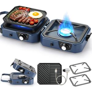 304 Stainless 2 Burner Propane Camping Stove with Griddle,Portable Floding Propane Camp Stoves with 24000BTU,Compatible with Grill Pan,Kettles & Cookware