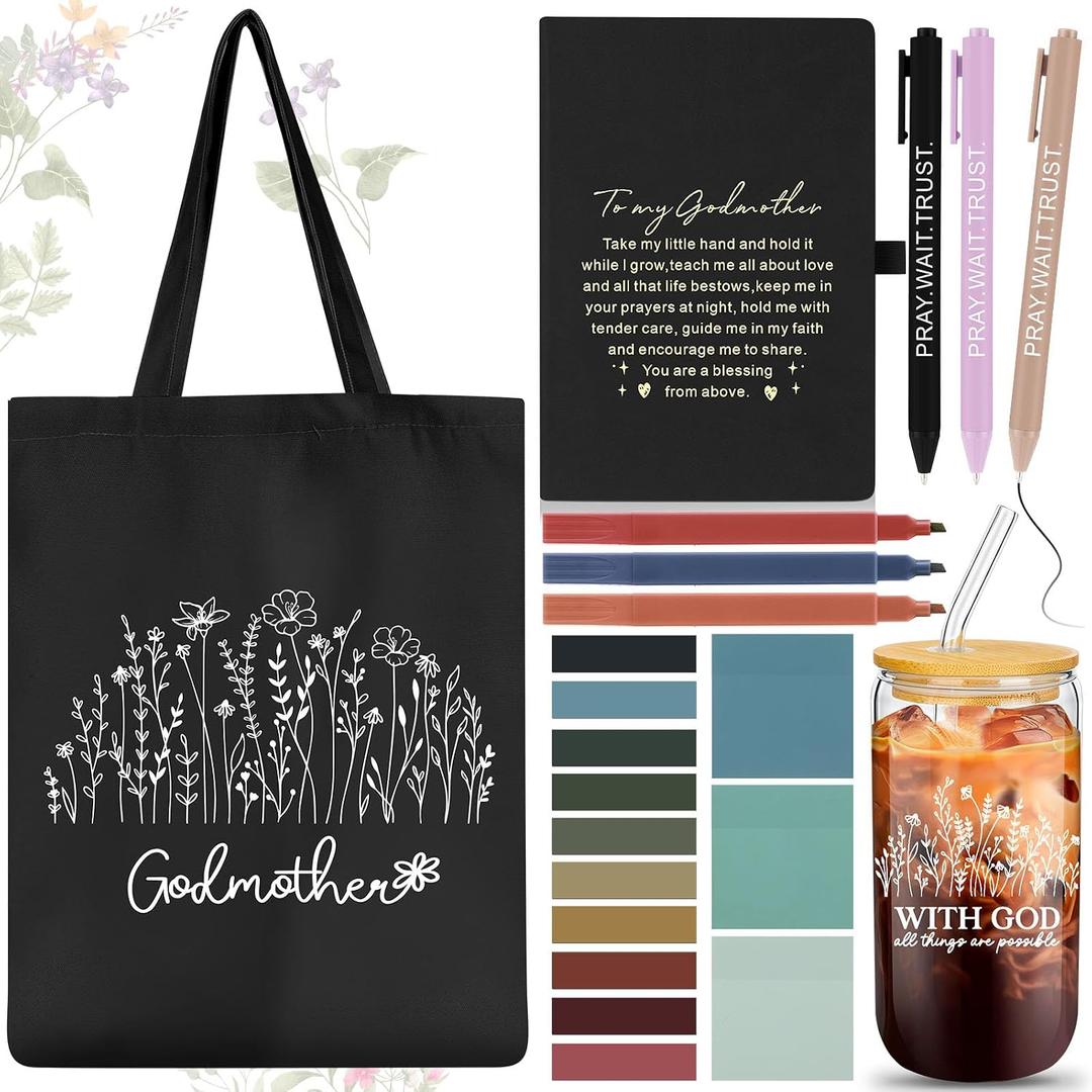 Talltalk 14 Pcs Godmother Appreciation Gift Set for Women 16oz Glass Canvas Bag A5 Journal Ballpoint Pen Notes Highlighter for Mom Birthday Wishes(Black)