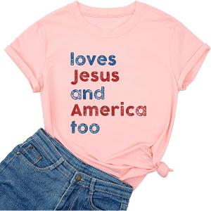 Loves Jesus and America Too T Shirt Patriotic Christian T-Shirt Independence Day Gift Unisex T-shirts Short Sleeve Vintage Tees, L