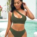 NAFLEAP One Shoulder Cutout Bikini Set for Women High Waisted Bottom Swimsuit Two Piece Bathing Suit (Green, S)