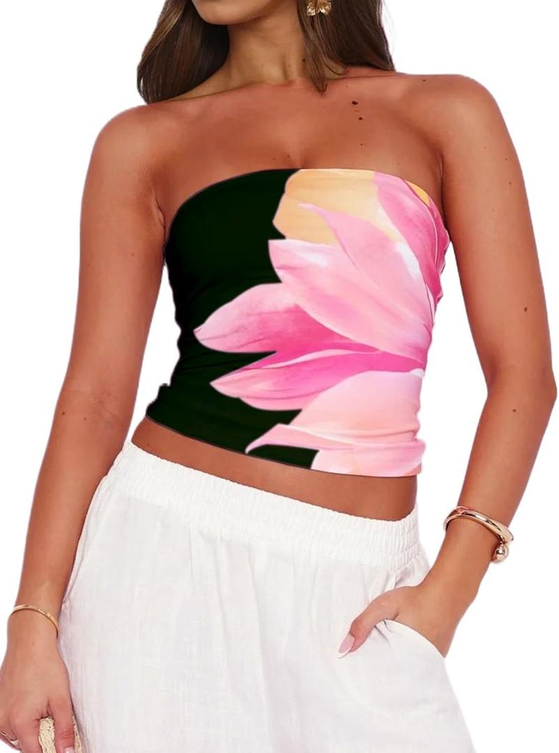 Cioatin Women Cute Floral Print Strapless Bandeau Tube Tops Y2K Aesthetic Sleeveless Slim Fit Flower Crop Tank Going Out (S)
