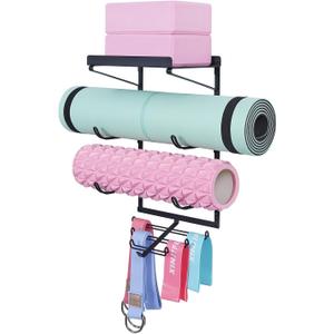Yoga Mat Holder Wall Mount Yoga Mat Storage Rack Home Gym Accessories with 3 Sectional and 7 Hooks for Hanging Foam Roller and Resistance Bands at Fitness Class or Home Gym