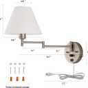 Swing Arm Wall Sconces, Plug-in Wall lamp,Bedroom Wall lamp White Fabric Shadewith dimmable Switch and USB Charging Port, Suitable for Bedside, Living Room, Reading (Nickel)
