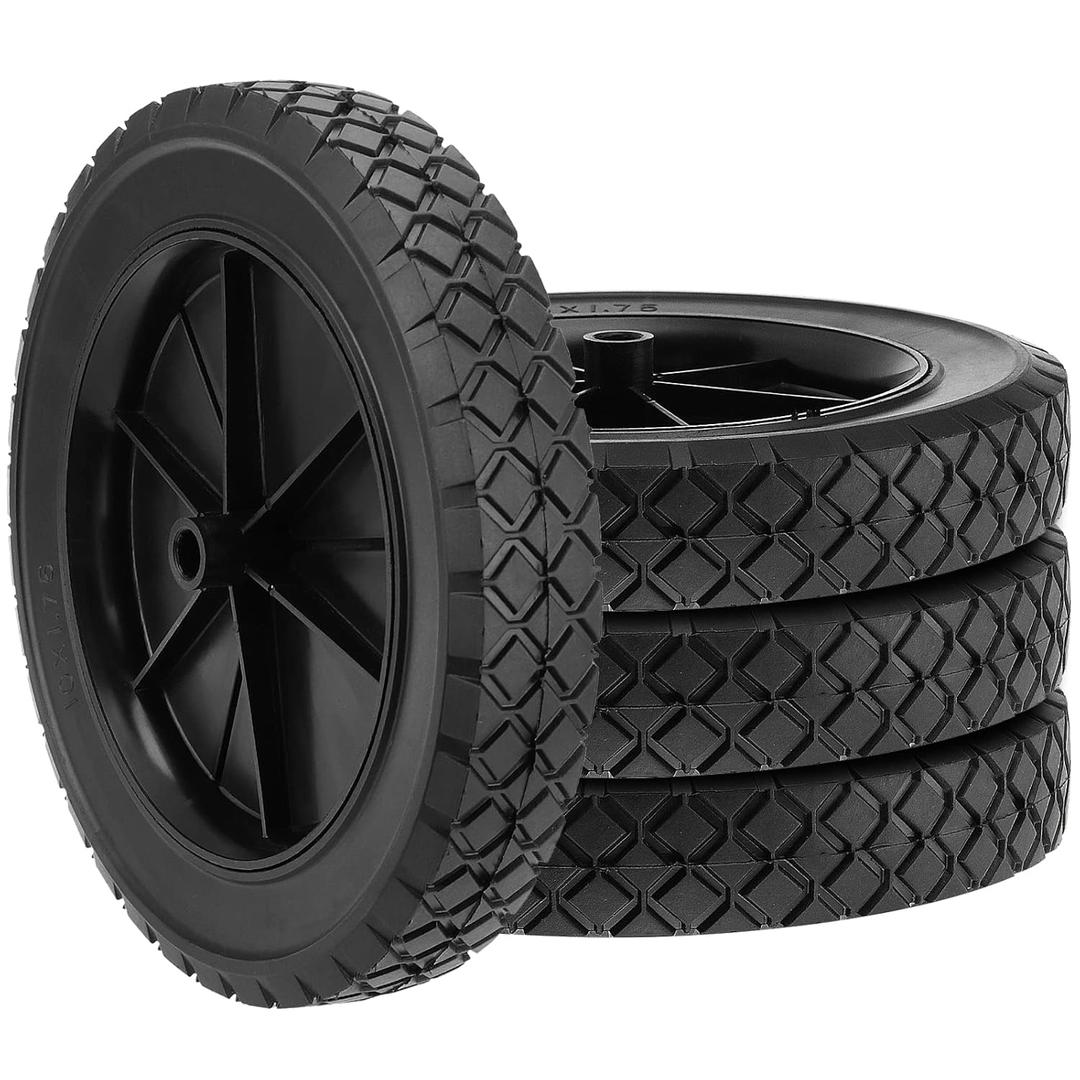 4 Pack 10 Inch Rubber Replacement Tire, Semi-Pneumatic Tire Plastic Wheel Lawn Mower Wheels with 1/2 Inch Bore Offset Axle for Hand Trucks, Lawnmowers, Utility Carts, Black