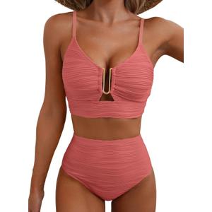 Herseas 2 Piece Bikini Set U-Wire Cutout Popular Swimsuit High Waisted Textured 2026 Summer Beach Swim Bathing Suits (Dusty Pink Medium)