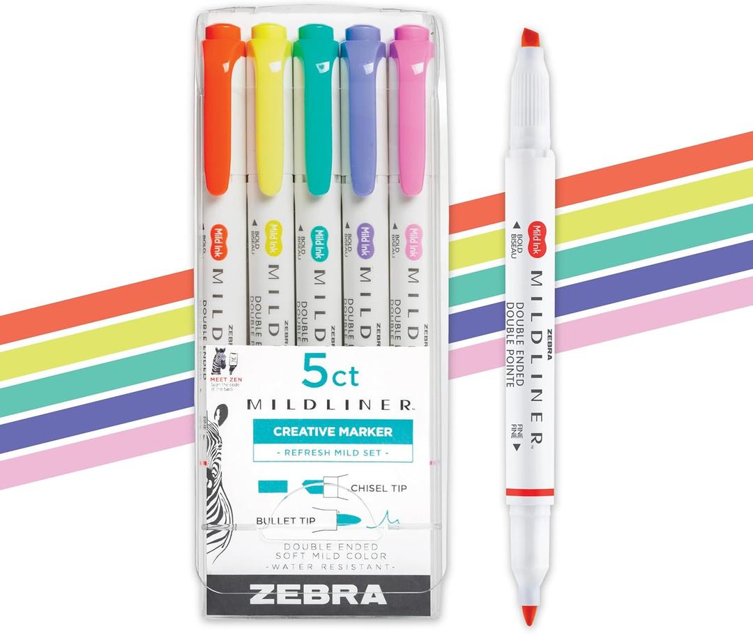 Zebra Pen Mildliner Dual-Tip Highlighter Set, Broad and Fine Tips, No Bleed, Ideal for Bible Highlighting, Journaling, Note-Taking and School Supplies, Assorted Bright Ink Colors, 4-Pack (78405)