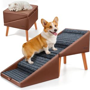 17" H Dog Stairs for Small Dogs 4-Step Non-Slip Dog Ramp for Couch, Foldable 2-in-1 Pet Stairs & Ottoman, Upgraded Pet Steps for Puppies, Senior Dogs & Injured Pets, Solid Wood Frame (Brown)