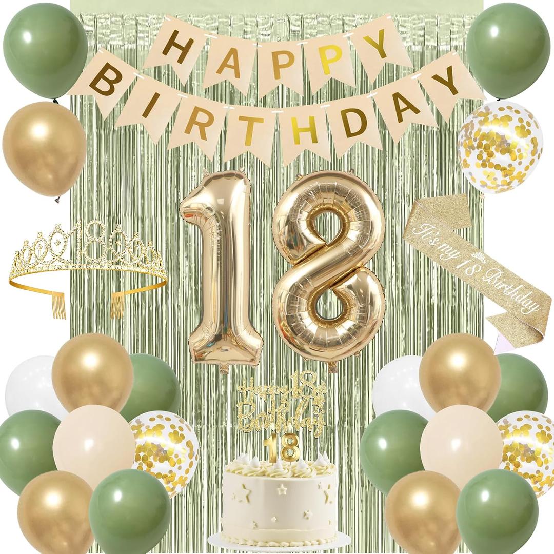Trgowaul 18th Birthday Decorations for Girls, Banner, 18th Sash and Crown, Cake Topper, 18 Number Balloon, Fringe Curtains, Green Gold 18 years old Birthday Party Supplies