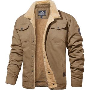 MAGCOMSEN Men's Winter Jacket Lined Sherpa Jacket Warm Trucker Coat Multi Pocket (Medium, Khaki)