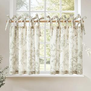 jinchan Floral Linen Tier Curtains 36 Inch Farmhouse Cafe Curtains Tie Top Botanic Drapes for Small Windows Over Sink for Kitchen Country Rustic Laundry Room Bathroom RV 2 Panels Green on Beige
