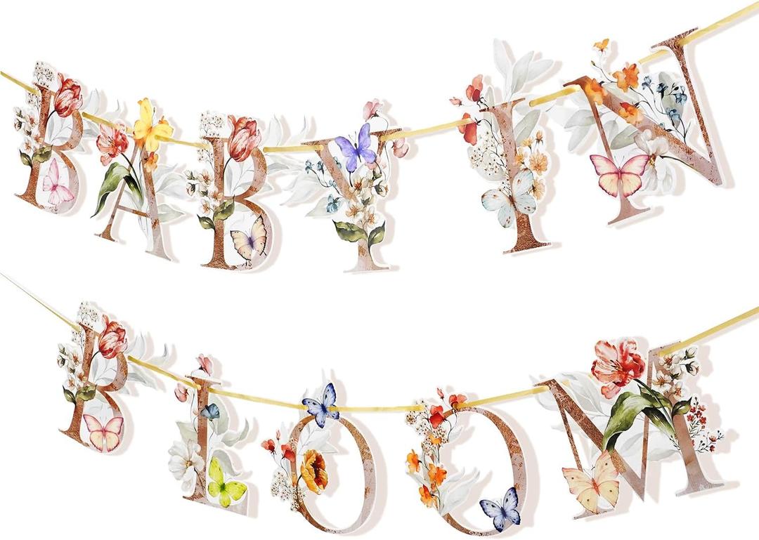 Flower Butterfly Baby in Bloom Banner, Wildflower Butterflies Baby Shower Sign, Boho Floral Welcome Baby Garland Decor, Flowers Theme Paper Bunting for Mommy to Be Party