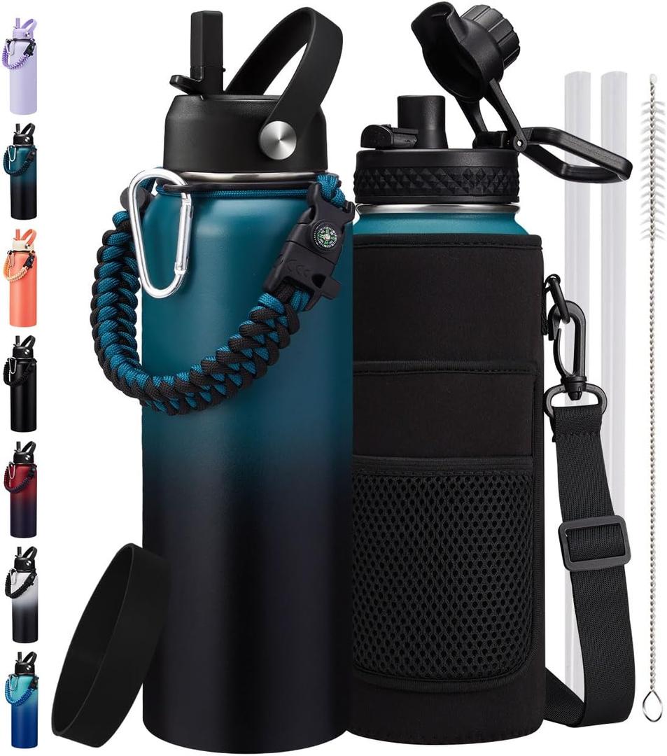 Insulated Water Bottle 40 oz, (Cold for 48H), Leak Proof Food-Grade Stainless Steel Water Jug With Auto Spout and Straw Lid, Portable Paracord Handle & Carrier Bag for Men Women Gym, Indigo Black