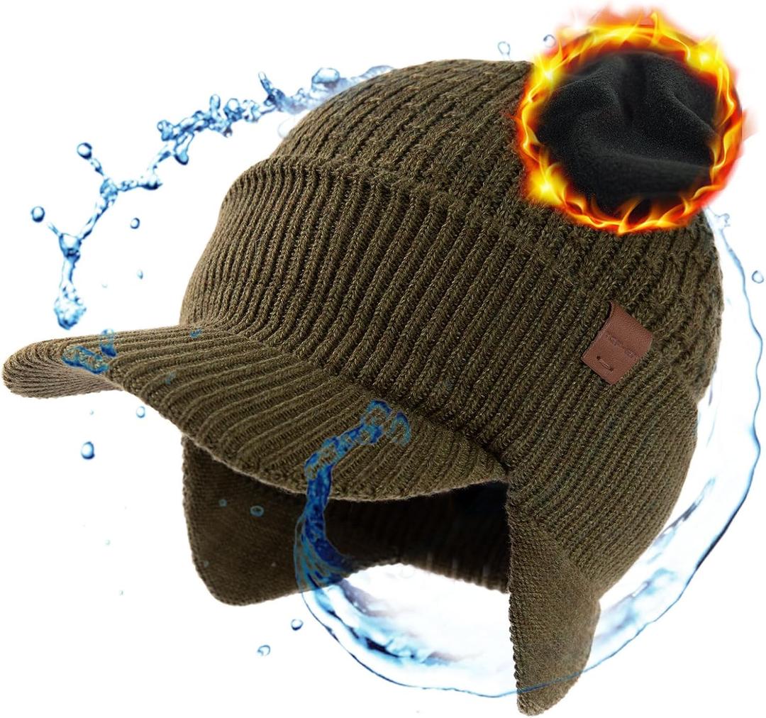 TOP-EX DryKnit 50% Merino Wool Winter Hats Beanie with Brim Waterproof Warm Fleece Lined for Cold Weather