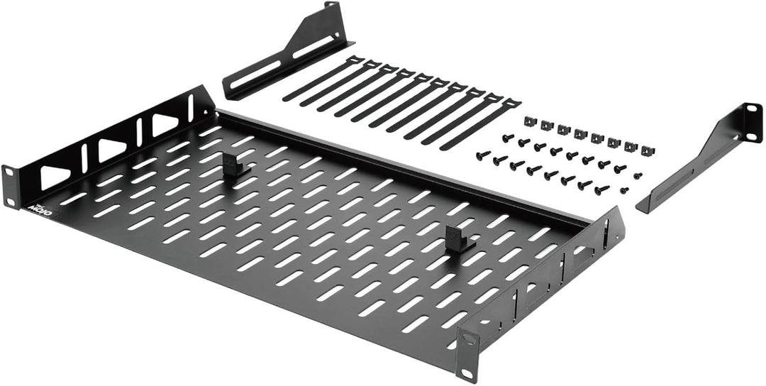 Tecmojo Server Rack Shelf, 1U Rack Shelf 10in Depth, Network Rack Shelf with Anti-Slip Stops, 110lbs Weight Capacity of Vented Rack Mount Shelf for Data/AV/IT/Audio Racks, with Lip, Black (10 in/1pack)