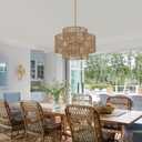 24 Boho Hand Woven Rattan Chandelier 3 Round Adjustable 4-Light Large Pendant Light for Kitchen Island Dining Room Living Room Hallway, Brass, UL Listed