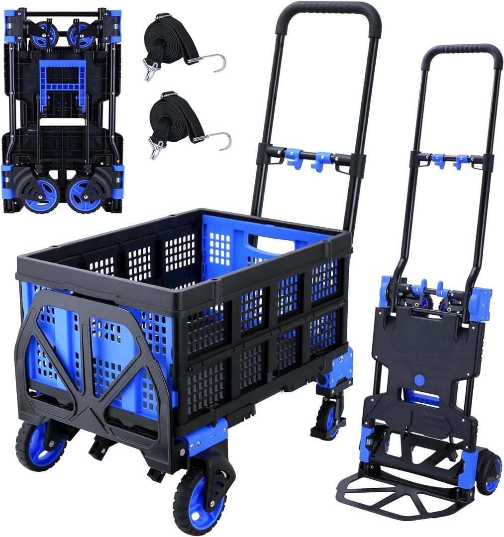 2-in-1Folding Hand Truck Dolly with Folding Basket, 330LBS Capacity Foldable Hand cart,Folding Dolly with Retractable Handle,Hand Truck Foldable with 4 Wheels for Moving