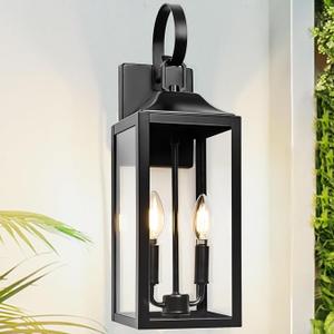 Black Dusk to Dawn Outdoor Wall Lantern 2-Light, 19" Large Outside Modern Wall Sconce Light Fixture, Industrial Porch Light Wall Mount with Glass, Waterproof Farmhouse Exterior Lamp Lighting, 1 Pack
