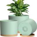 Plant Pots, 10/9/8 Inch 3 Pack Cylindrical Flower Pots with Drainage Holes and Saucers, Plastic Planters for Outdoor Indoor Plants,Green Brown