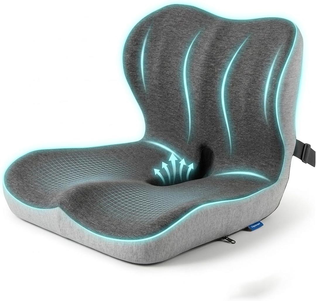 Cupocupa Memory Foam Seat Cushion, Ergonomic Orthopedic Pad with Adjustable Strap for Car Truck Office Chair, Lumbar Back Support & Sciatica Relief for Long Drives, Large