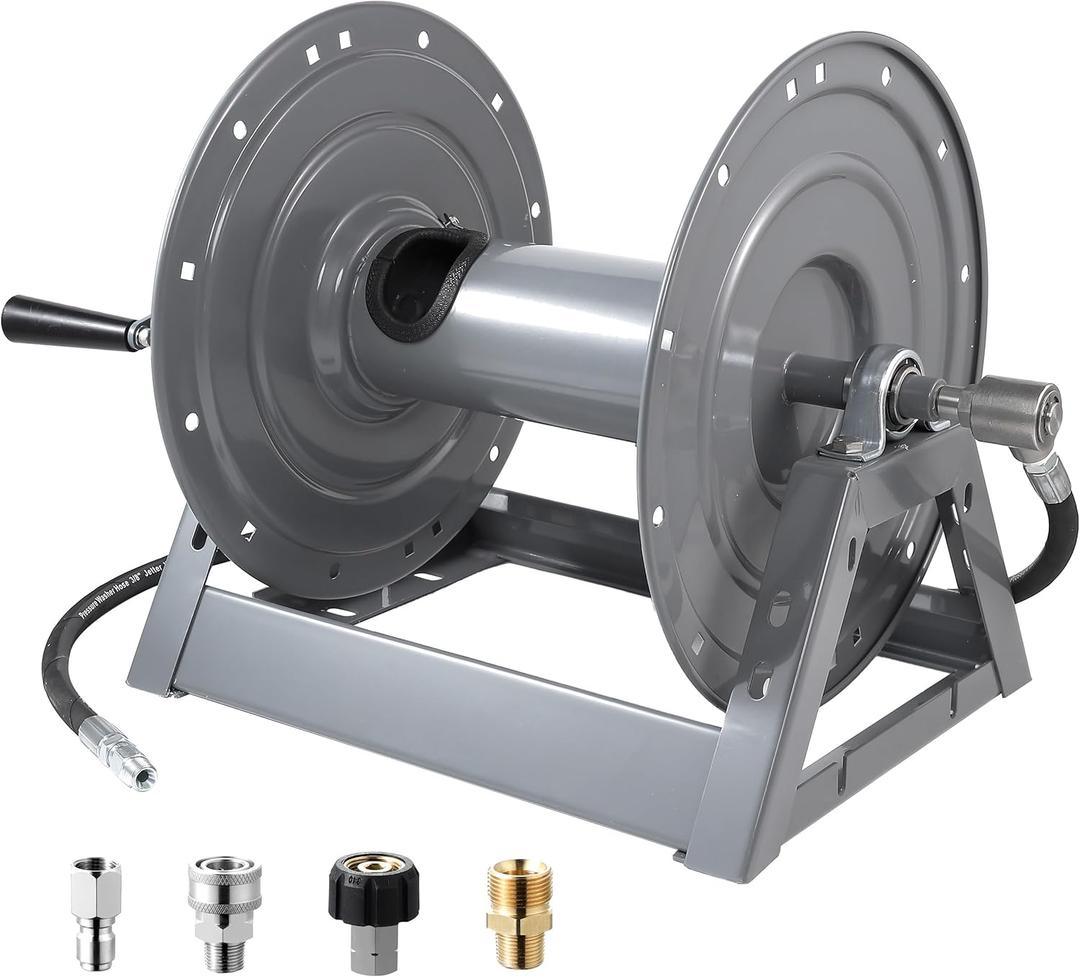 FIXFANS Pressure Washer Hose Reel, 300FT x 3/8" Heavy Duty Hose Reel, Manual Crank Power Washer Hose Reel with M22 Fitting, Wall/Floor/Truck Mounted, 4000 PSI