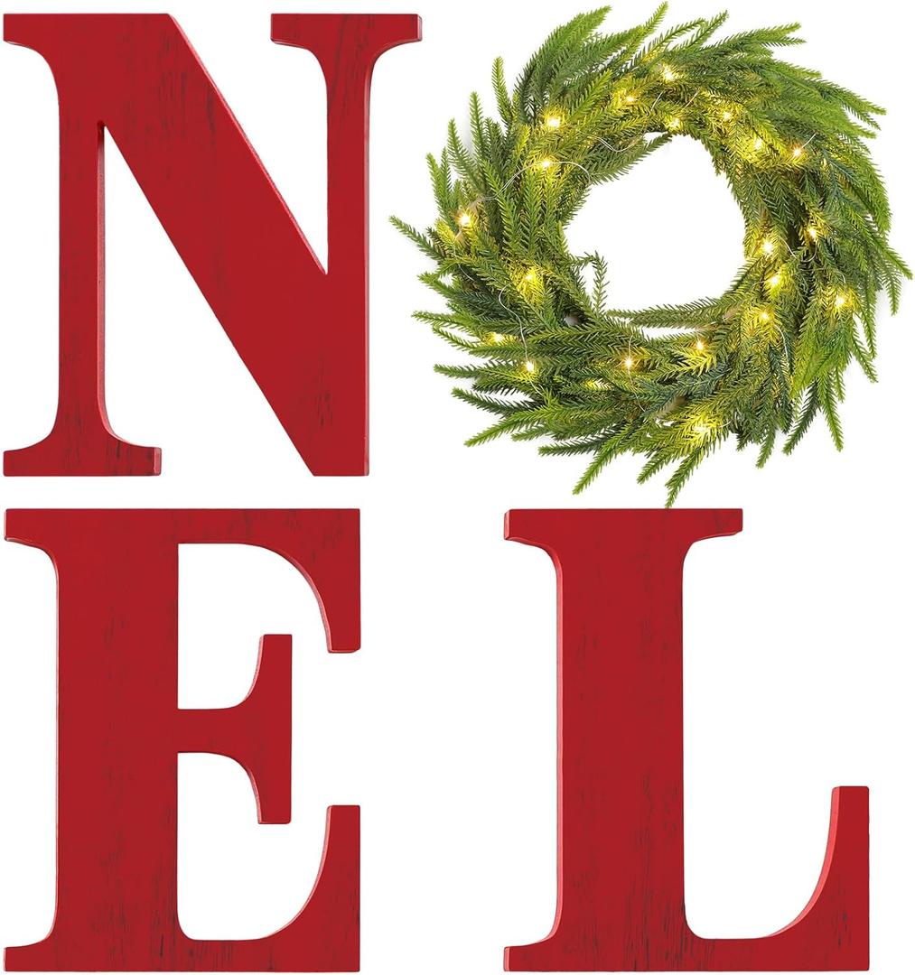 4 Pcs Lighted Christmas Wall Decors Wood Noel Sign with 11.8 Inch Norfolk Pine Wreath Lighted Xmas Vintage Wooden Sign for Xmas Fireplace Living Room Home Door Entryway (Red)