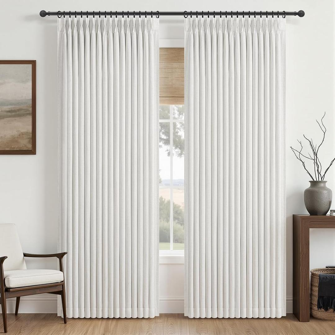 92 Inch Blackout White Beige Curtains&Drapes Pinch Pleat Linen 2 Panels for Living/Bedroom,Viral Thick Sound Dampening Thermal Sliding Door Aesthetic Window Treatments with Hooks&Rings 50"Wx92"L
