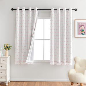 MYSKY HOME Pink Pom Pom Blackout Curtains for Girls Bedroom 63 Inch Long 100% Blackout Curtains for Kids Room 2 Panels Room Darkening Small Window Treatment Grommet 2 Layered Drapes Toddler 52W x 63L