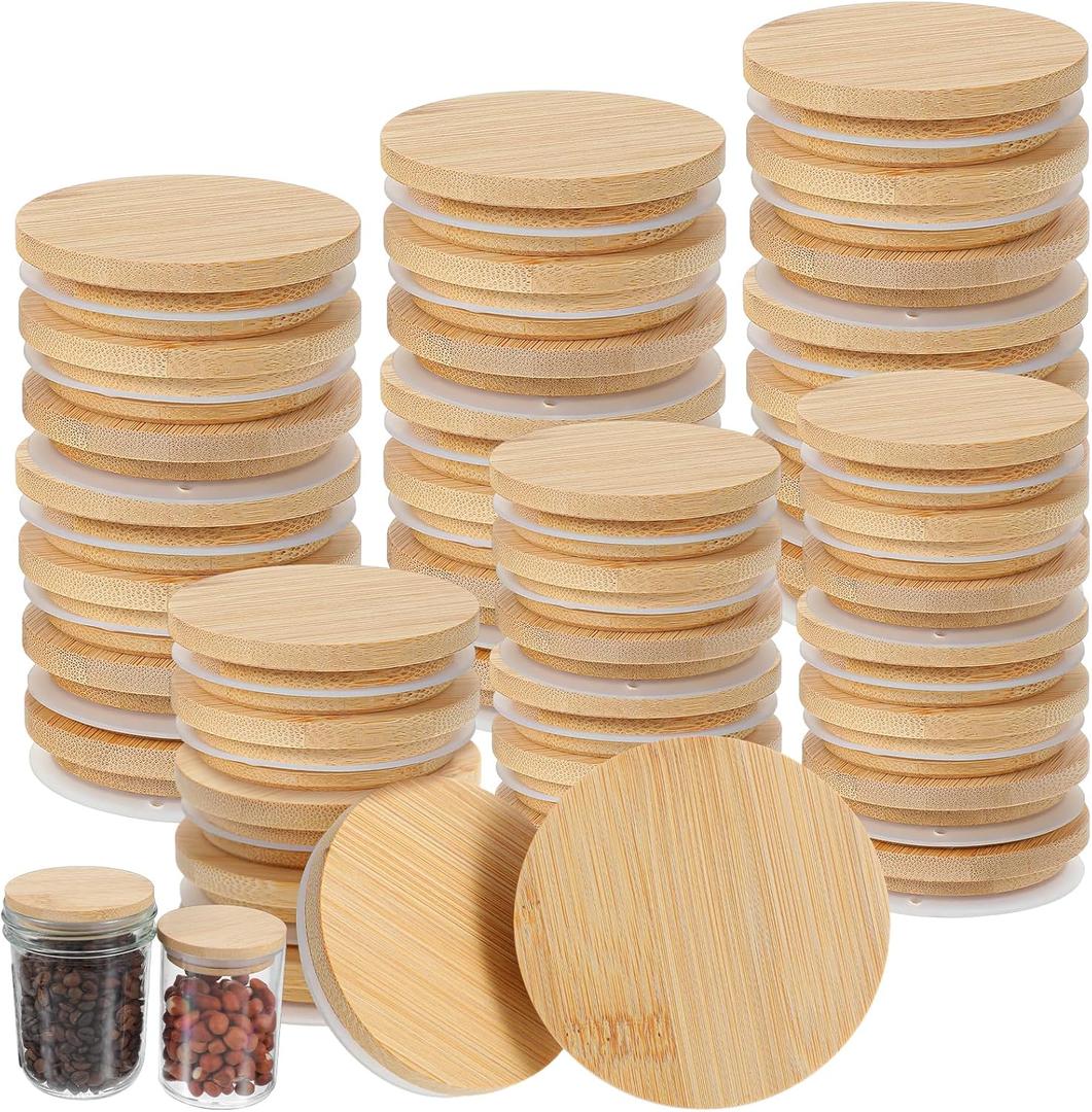 40 Pcs Bamboo Mason Jar Lids, Reusable Natura Wooden Storage Canning Lids with Silicone Ring, 20pcs Regular Mouth 20pcs Wide Mouth Home Kitchen Container Covers Food Grade Fit and Airtight