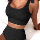 Herseas Women 2 Piece High Waisted Bikini Sets Seashell Textured Tie Strap Swimsuits Bathing Suit Beach Summer Outfits (Black, M)