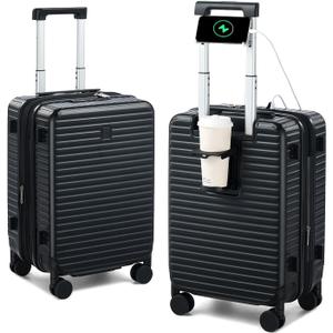 Hard Shell Suitcases Airline Approved 20 Inch Carry on Luggage with Wheels, Expandable Travel Luggage with Cup Holder Charger Built in Lightweight Small Suitcase, Black