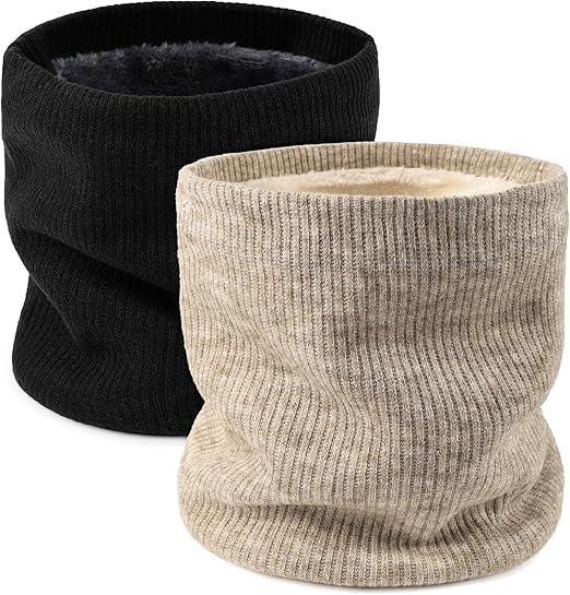 Aiphamy Unisex Fleece Lined Neck Warmer Ski Face Neck Gaiter Winter Infinity Scarf for Women Men, Black and Beige, Pack of 2