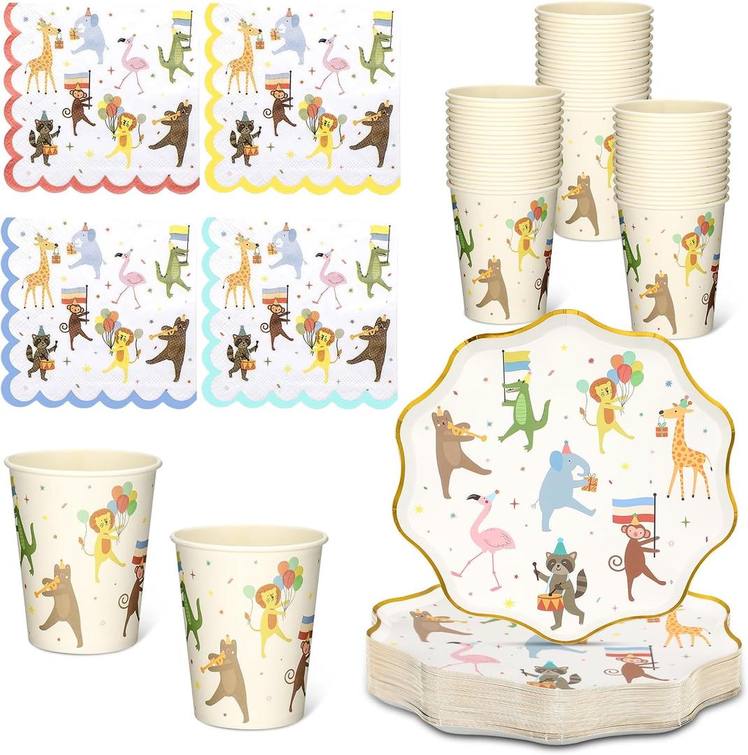 Potchen 150 Pcs Animal Parade Party Supplies Cute Disposable Animal Parade Tableware Set for Birthday Party Decorations Paper Plates and Napkins Cups, Serve 50 Guests