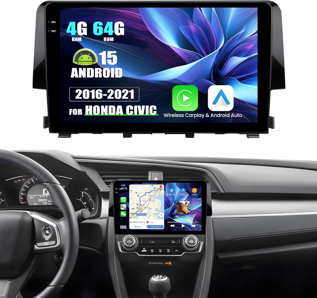 4G+64G Android 15 Car Stereo for Honda Civic 2016-2021 with Wireless Carplay Android Auto Factory Backup Camera Steering Wheel Control 9 Inch Touchscreen GPS Navigation WiFi Bluetooth FM