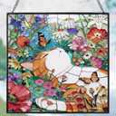 Cat Stained Glass Window Hanging, 7.9" Square Suncatcher with Chain Suction Cup, Cute Kitten Sun Catchers Indoor Window, Colorful Cat Decor for Wall, Porch, Birthday, Orange Tabby