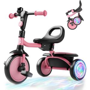 besrey Colorful Lighting Toddler Tricycle for Ages 18 Months to 5 Years, Toddler Bike with Bell, Kids Tricycle, Gift for 2-5 Year Olds, Toy for Boys and Girls, Tricycle for Toddlers, Pink (Pink Flash Wheel)