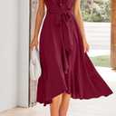 RETTYGARDEN Women's 2026 Summer Cross Midi Dress Casual Boho Deep V Neck Short Sleeve Ruffle Hem Split Beach Long Dresses (Red, S)