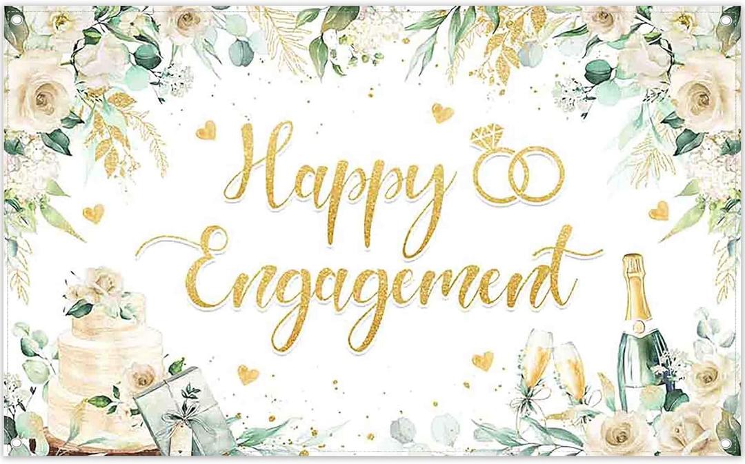 ZTHMOE Fabric 72x43inch Happy Engagement Backdrop She Said Yes Green Leaves Rose Diamond Champagne Background Wedding Bride to Be Party Decorations Photo Banner Booth